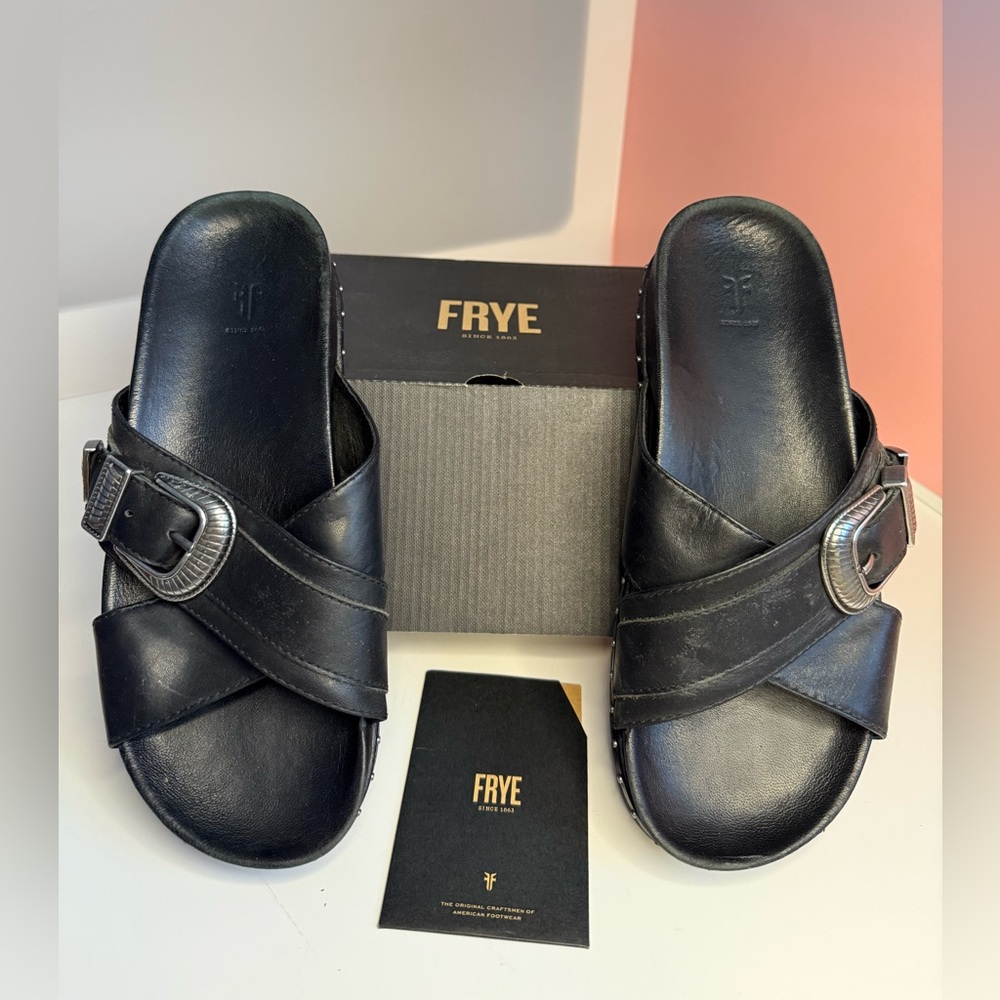 Frye Black Leather Buckle Slides